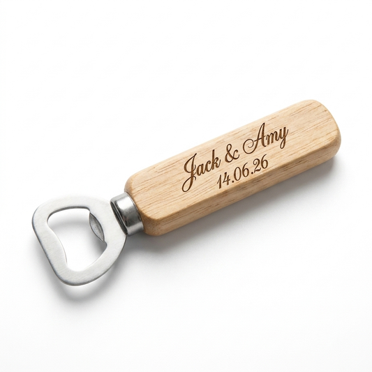 Personalised Wooden Bottle Opener Engraved Both Sides 4 Fonts Wedding Gift