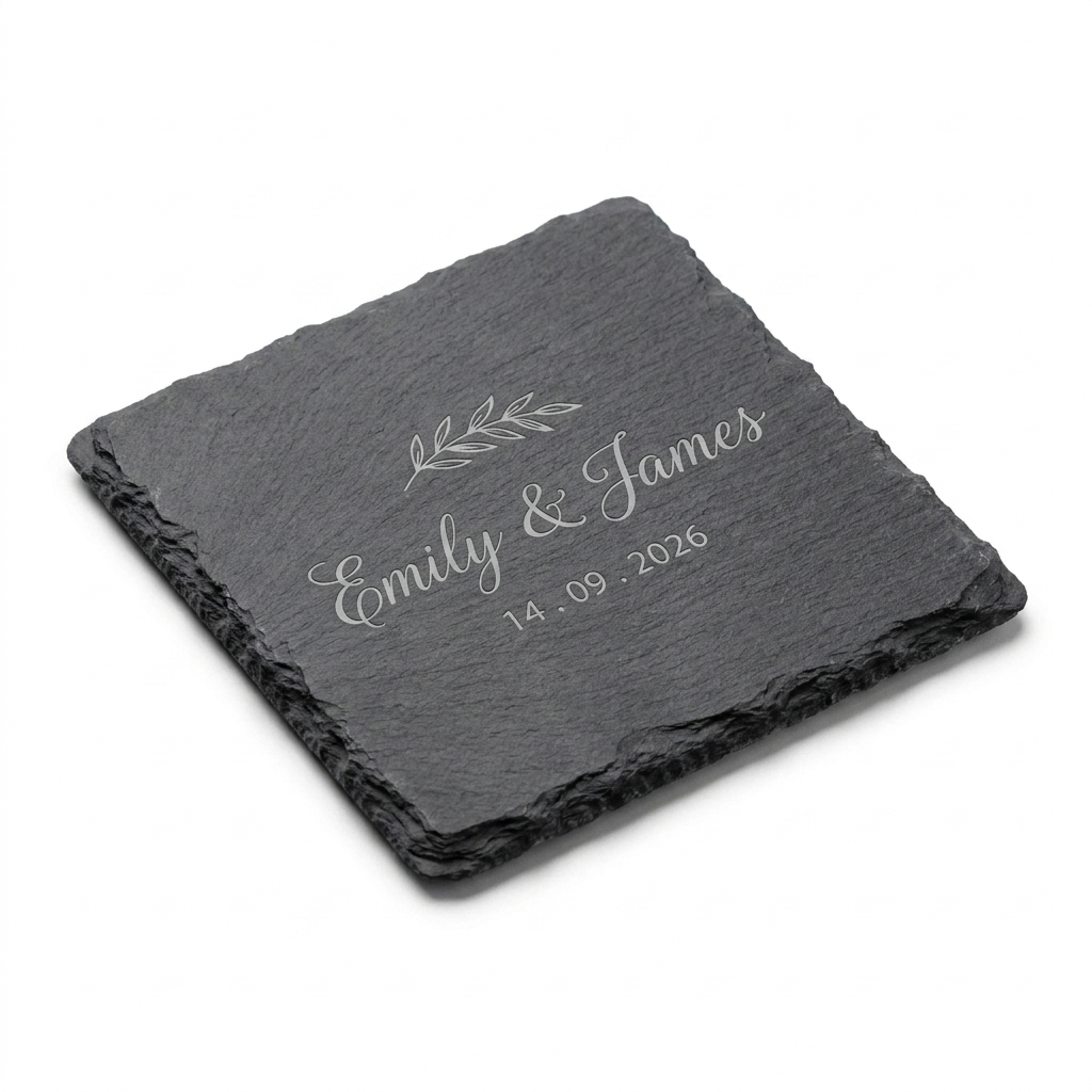 Personalised Slate Coaster Engraved Name Date 10cm Square Wedding Gift Keepsake
