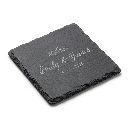 Personalised Slate Coaster Engraved Name Date 10cm Square Wedding Gift Keepsake