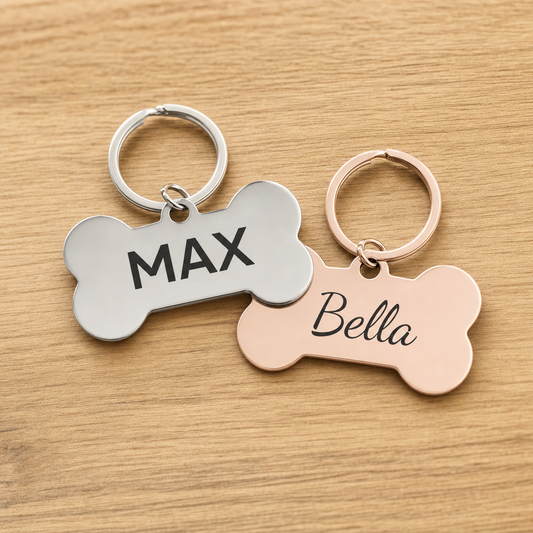 Personalised Bone Dog Tag Engraved Pet ID Name Tag 4 Fonts 4 Colours 50mm