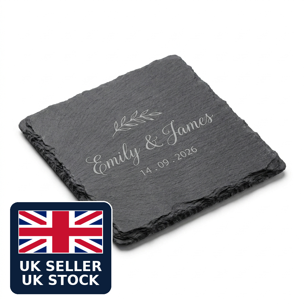 Personalised Slate Coaster Engraved Name Date 10cm Square Wedding Gift Keepsake