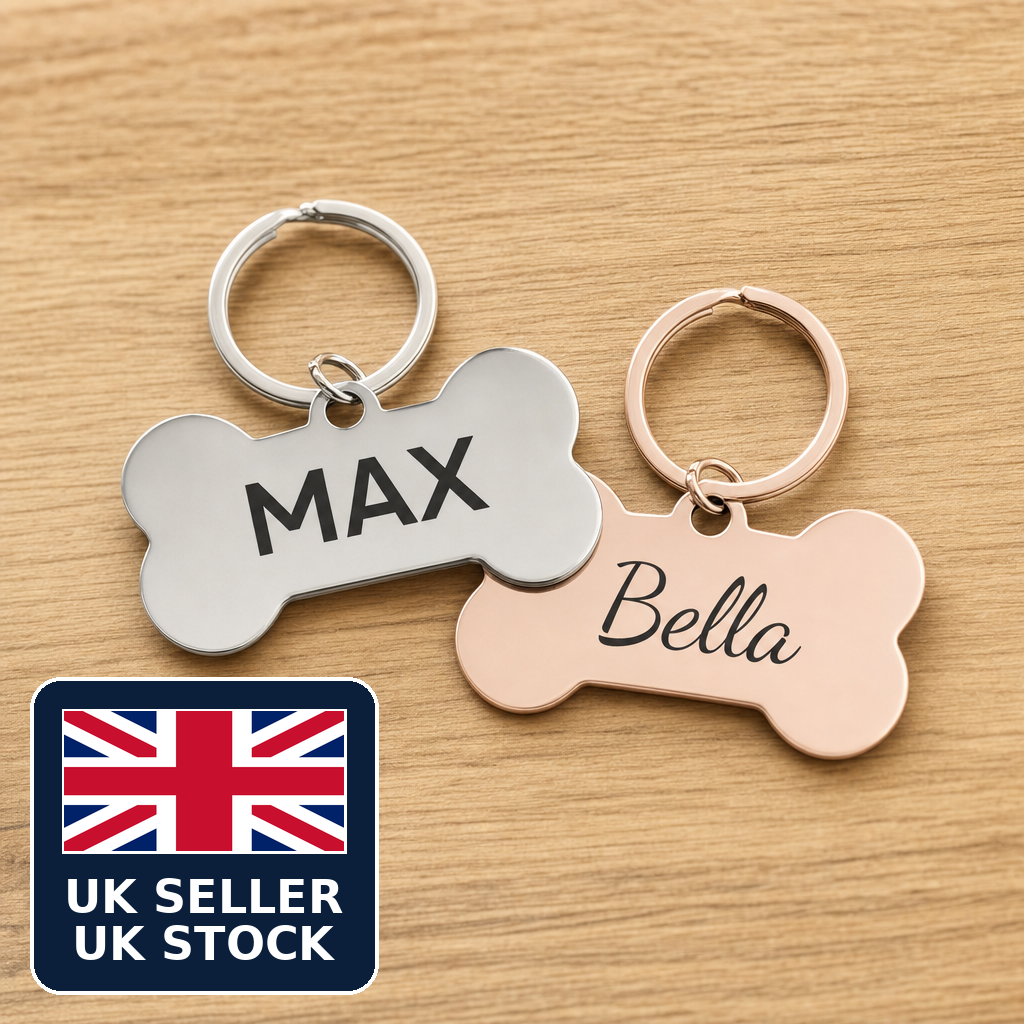 Personalised Bone Dog Tag Engraved Pet ID Name Tag 4 Fonts 4 Colours 50mm