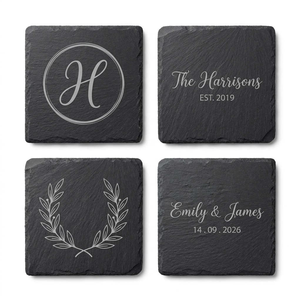 Personalised Slate Coaster Engraved Name Date 10cm Square Wedding Gift Keepsake