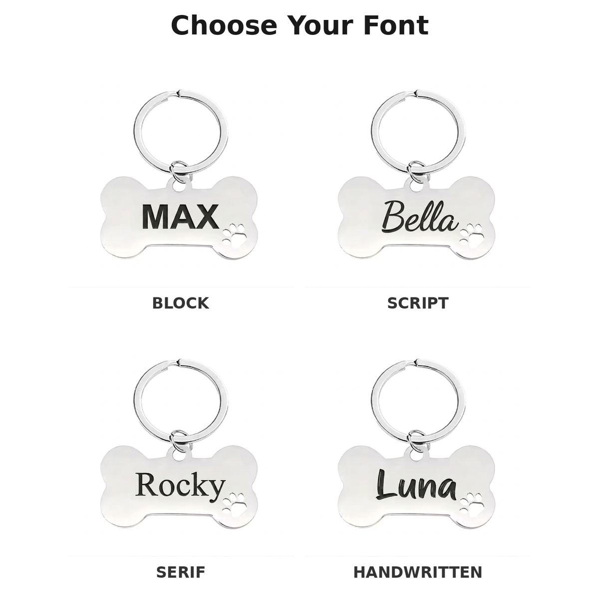 Personalised Bone Dog Tag Engraved Pet ID Steel 4 Fonts 4 Colours 50mm