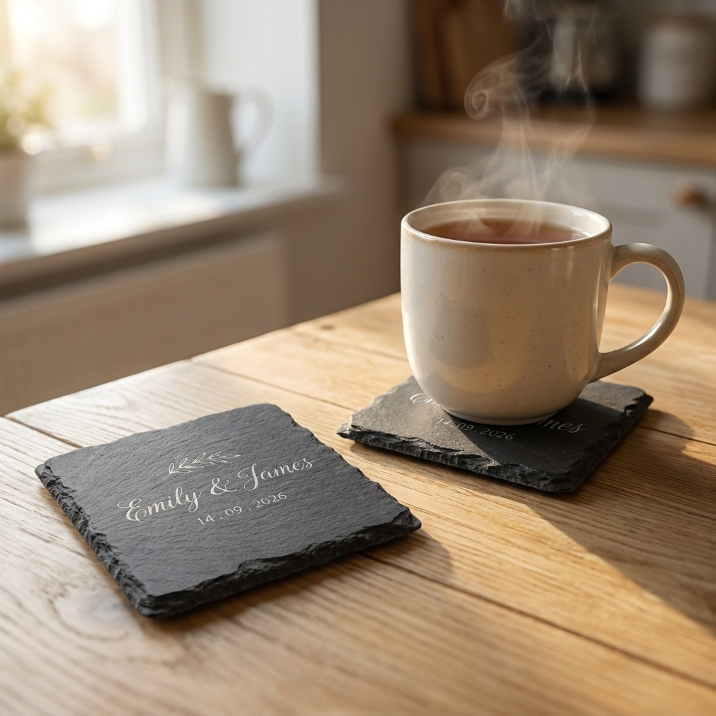 Personalised Slate Coaster Engraved Name Date 10cm Square Wedding Gift Keepsake