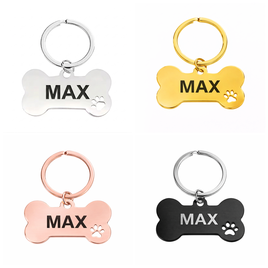 Personalised Bone Dog Tag Engraved Pet ID Steel 4 Fonts 4 Colours 50mm