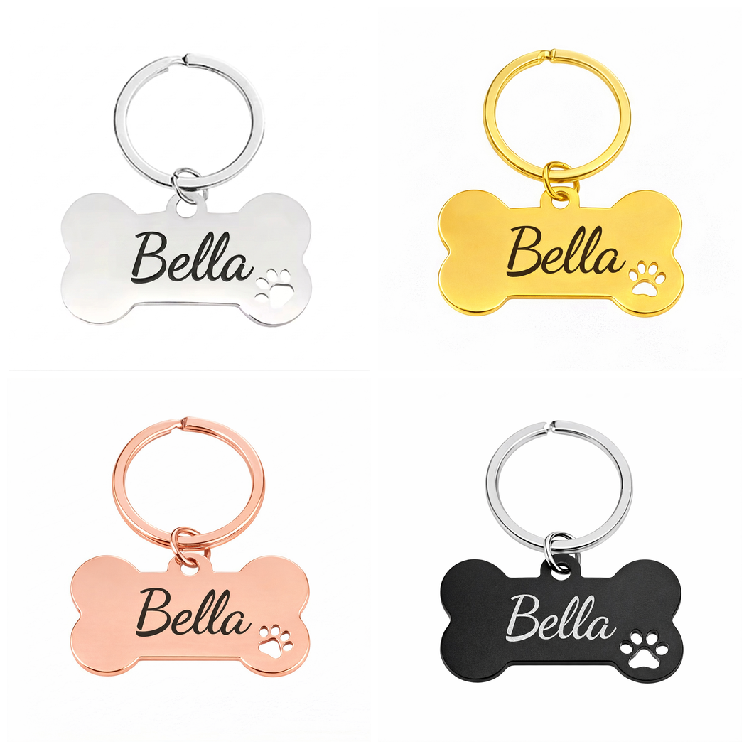 Personalised Bone Dog Tag Engraved Pet ID Steel 4 Fonts 4 Colours 50mm