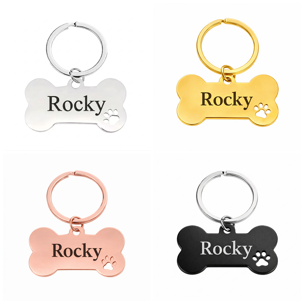 Personalised Bone Dog Tag Engraved Pet ID Steel 4 Fonts 4 Colours 50mm