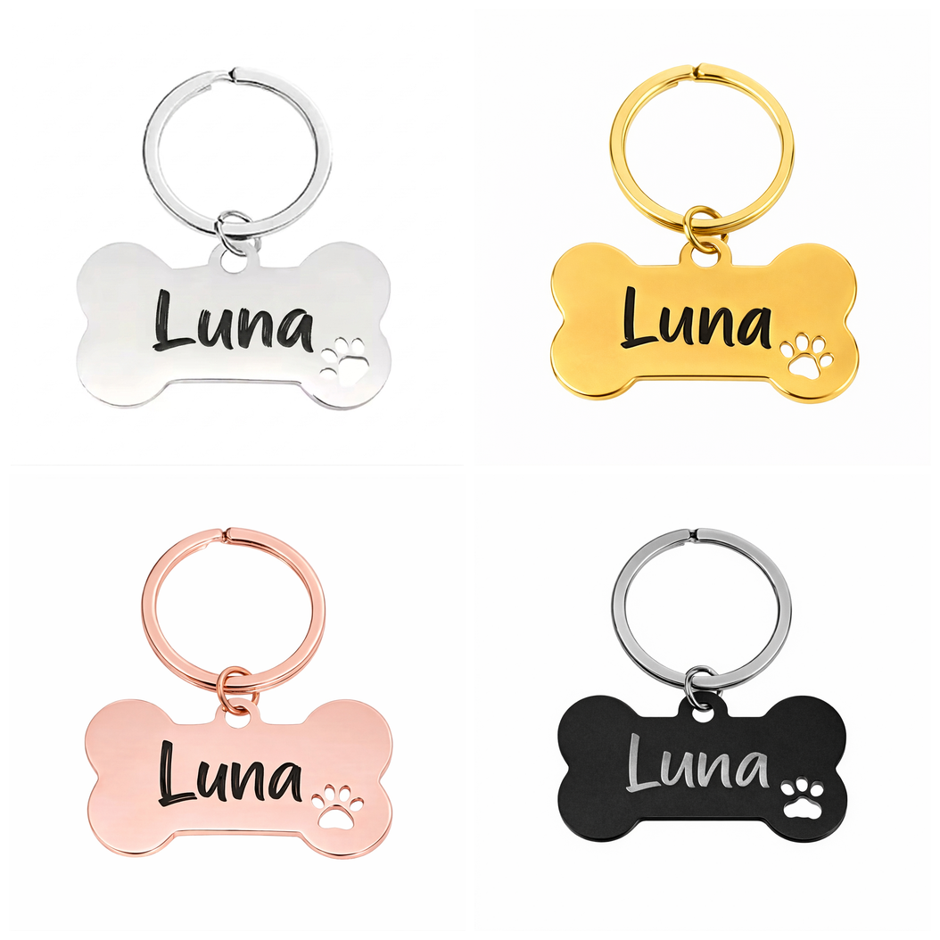 Personalised Bone Dog Tag Engraved Pet ID Steel 4 Fonts 4 Colours 50mm